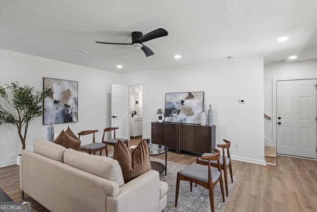 3634 Oakleaf Pass, Fairburn, GA 30213 - living area with visible vents, recessed lighting, a ceiling fan, baseboards, and light wood-style floors