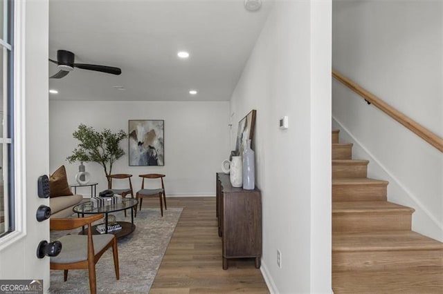 3634 Oakleaf Pass, Fairburn, GA 30213 - interior space featuring wood finished floors, stairs, baseboards, ceiling fan, and recessed lighting
