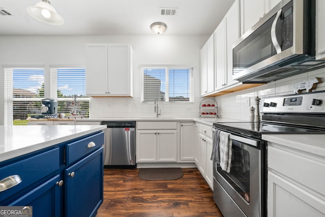kitchen with appliances with stainless steel finishes, blue cabinets, a sink, backsplash, and dark wood-style floors