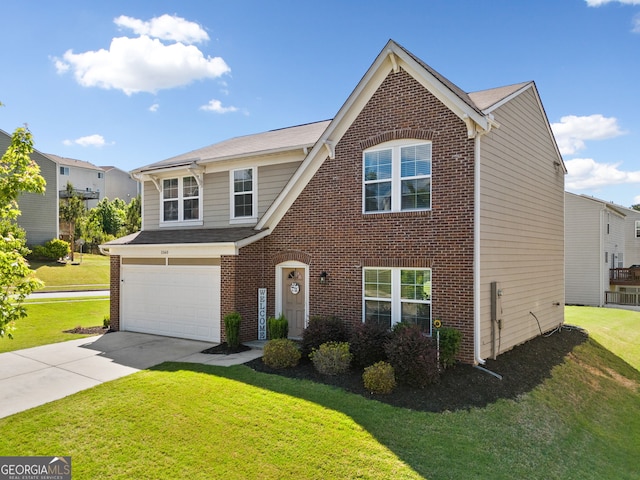 traditional-style house with a garage, concrete driveway, brick siding, and a front yard