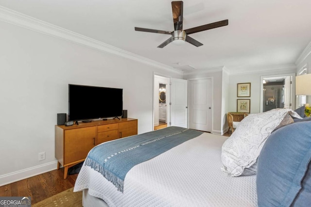bedroom with crown molding, baseboards, wood finished floors, connected bathroom, and a ceiling fan