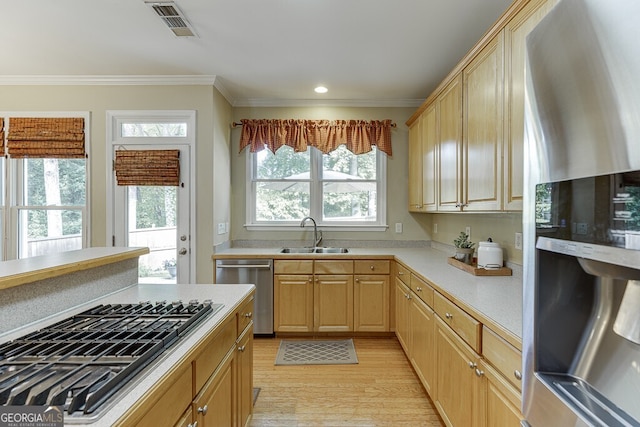 kitchen with light countertops, ornamental molding, light wood finished floors, a sink, and stainless steel appliances