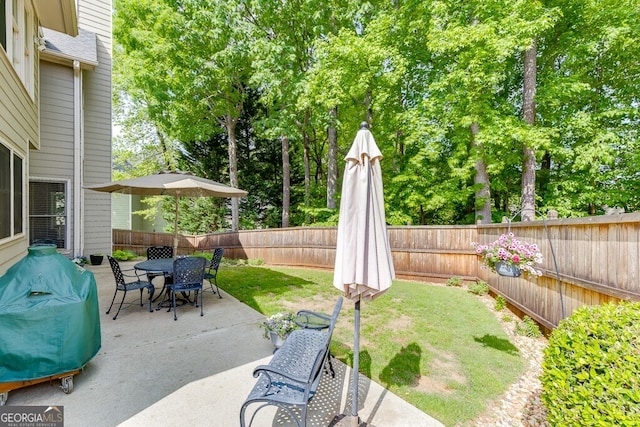 view of yard with outdoor dining space, a patio, and a fenced backyard