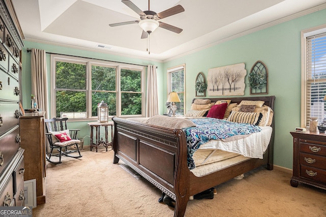 137 New Cut Rd, Winder, GA 30680 - bedroom with light colored carpet, a tray ceiling, multiple windows, and ornamental molding