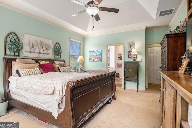 137 New Cut Rd, Winder, GA 30680 - bedroom with ornamental molding, light colored carpet, a raised ceiling, ceiling fan, and baseboards