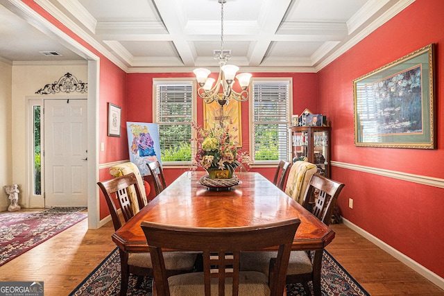 137 New Cut Rd, Winder, GA 30680 - dining room with a chandelier, wood finished floors, beam ceiling, coffered ceiling, and baseboards