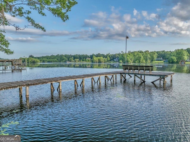 view of dock featuring a water view and a view of trees