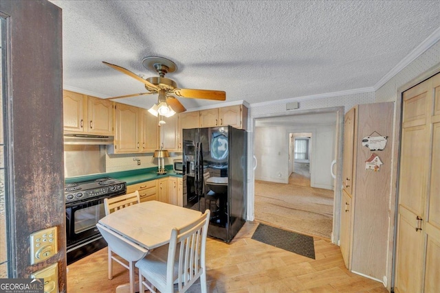 kitchen featuring ornamental molding, light brown cabinets, black appliances, and a ceiling fan