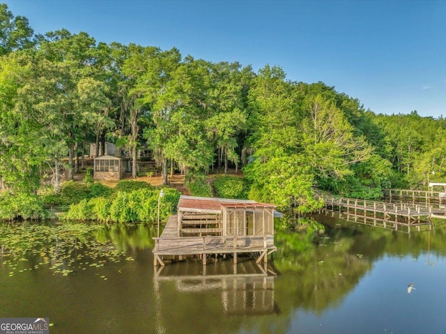 dock area with a forest view and a water view