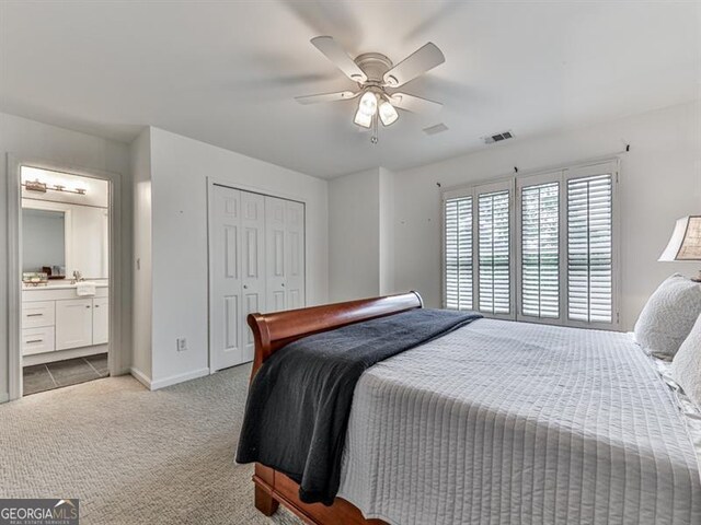 139 Grandmar Chase, Canton, GA 30115 - bedroom featuring a closet, baseboards, carpet flooring, ceiling fan, and visible vents