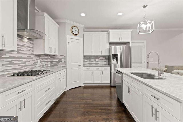 435 Webb Dr, Norcross, GA 30071 - kitchen featuring wall chimney range hood, ornamental molding, stainless steel appliances, and a sink