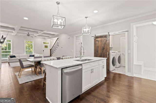 435 Webb Dr, Norcross, GA 30071 - kitchen with a barn door, stainless steel dishwasher, coffered ceiling, washer and dryer, and a sink
