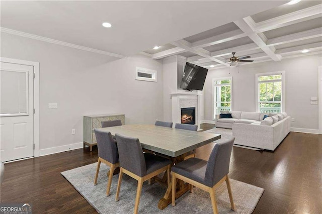435 Webb Dr, Norcross, GA 30071 - dining space with a ceiling fan, a warm lit fireplace, recessed lighting, baseboards, and dark wood-type flooring