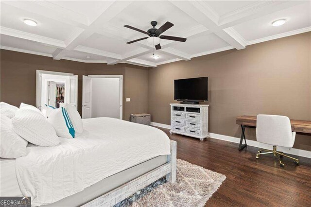 435 Webb Dr, Norcross, GA 30071 - bedroom with beam ceiling, wood finished floors, ornamental molding, coffered ceiling, and baseboards