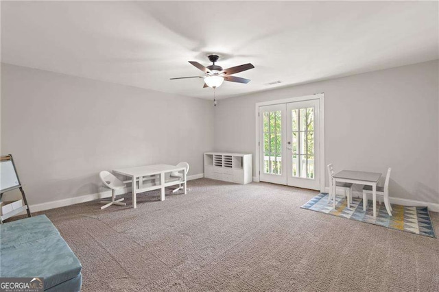 435 Webb Dr, Norcross, GA 30071 - recreation room with french doors, carpet, visible vents, a ceiling fan, and baseboards