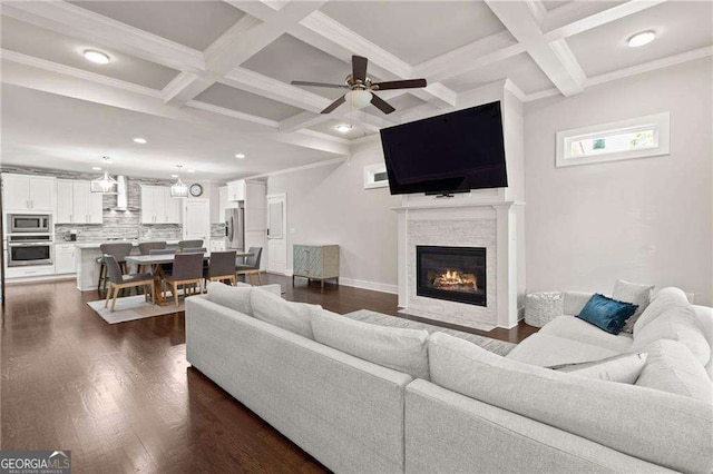 435 Webb Dr, Norcross, GA 30071 - living room with recessed lighting, coffered ceiling, beamed ceiling, a fireplace, and dark wood-style floors