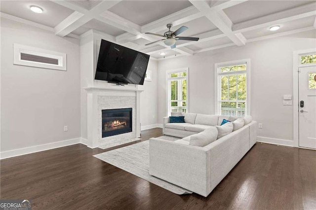 435 Webb Dr, Norcross, GA 30071 - living room with baseboards, dark wood finished floors, a fireplace, and beam ceiling