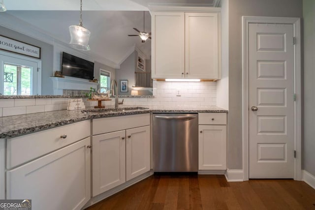 13 Jamilee Cv, Cartersville, GA 30120 - kitchen with a sink, light stone counters, dark wood-type flooring, dishwasher, and white cabinetry