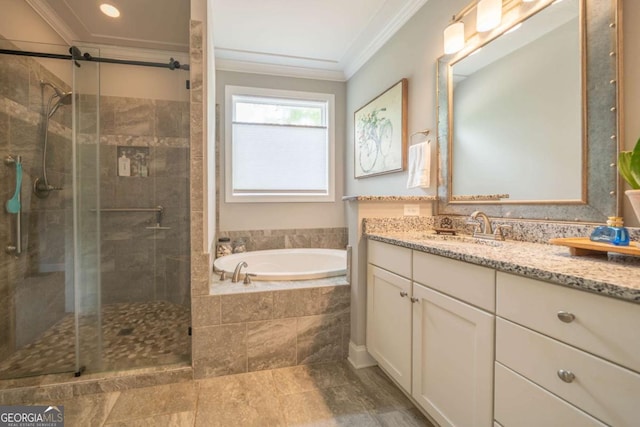13 Jamilee Cv, Cartersville, GA 30120 - bathroom featuring a stall shower, vanity, ornamental molding, and a garden tub