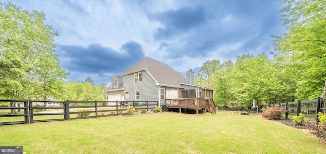 13 Jamilee Cv, Cartersville, GA 30120 - back of house featuring a chimney, a deck, stairway, a fenced backyard, and a yard
