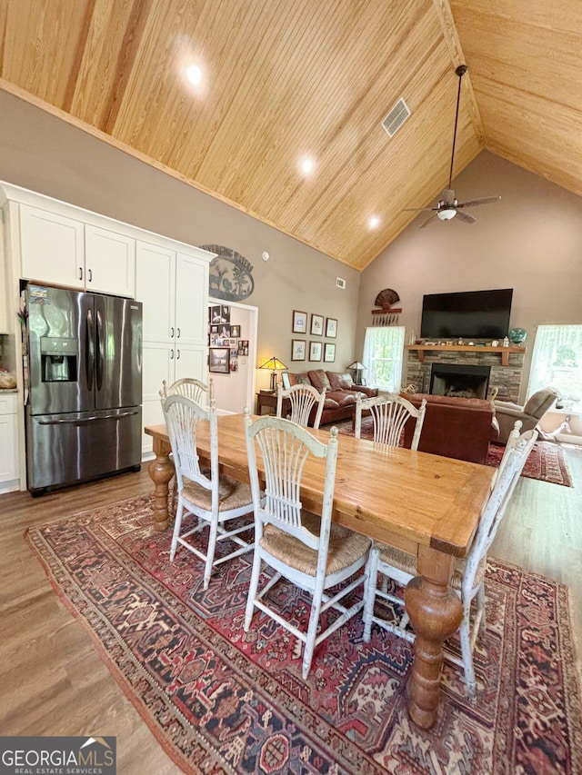 dining area featuring high vaulted ceiling, visible vents, a fireplace, wooden ceiling, and a ceiling fan