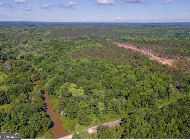 birds eye view of property featuring a forest view