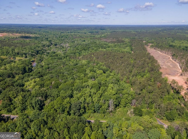 birds eye view of property featuring a wooded view