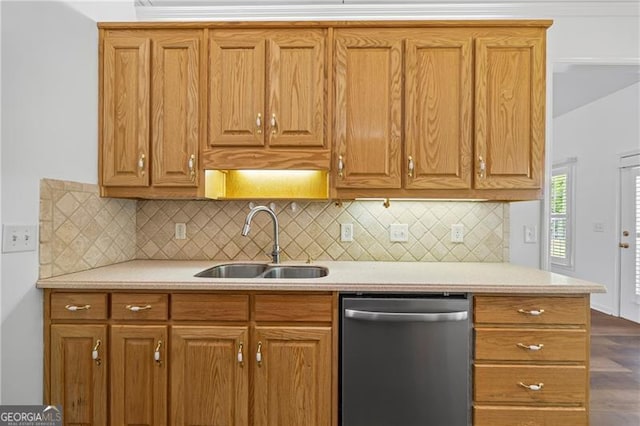 4368 Magnolia Bay Ln, Snellville, GA 30039 - kitchen with dishwasher, light countertops, tasteful backsplash, and brown cabinets