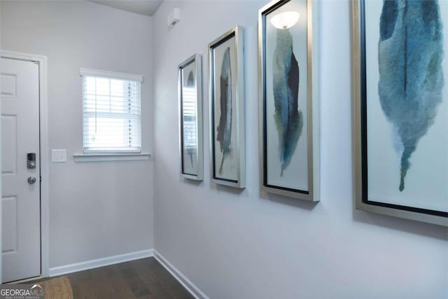 doorway featuring baseboards and dark wood-type flooring