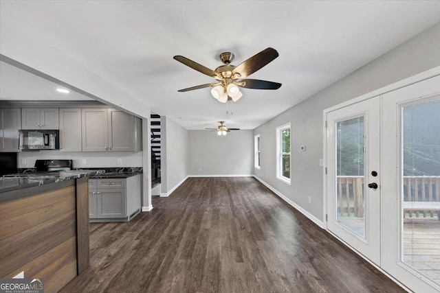 212 Lake Forest Dr, Acworth, GA 30102 - kitchen with black microwave, gray cabinetry, dark wood-type flooring, and ceiling fan