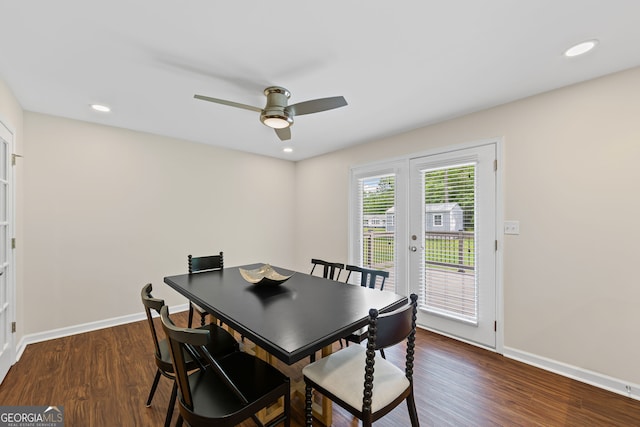 dining space featuring baseboards, french doors, ceiling fan, and dark wood-style floors