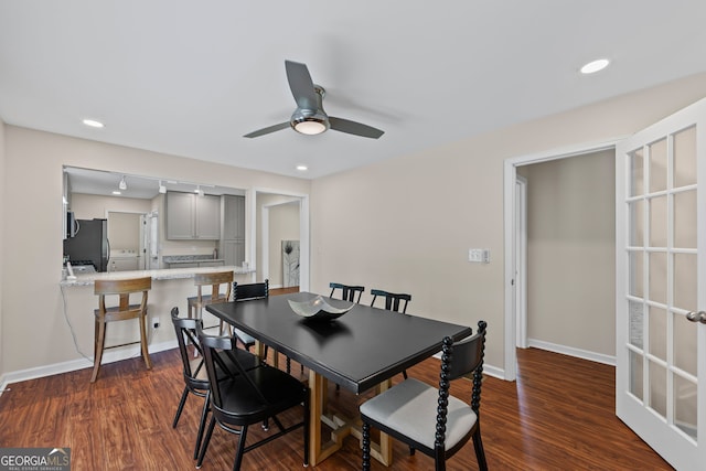 dining area featuring recessed lighting, baseboards, a ceiling fan, and dark wood-style floors
