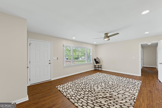 entrance foyer featuring baseboards, recessed lighting, ceiling fan, and wood finished floors