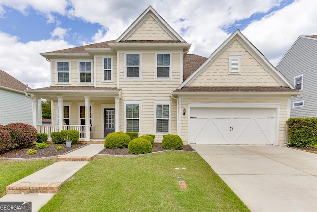 6438 Hickory Branch Dr, Hoschton, GA 30548 - craftsman-style home featuring covered porch, concrete driveway, a front yard, and a shingled roof