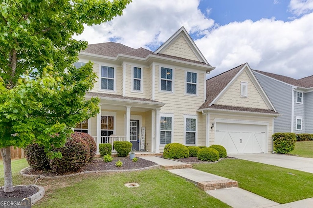 6438 Hickory Branch Dr, Hoschton, GA 30548 - view of front of house with concrete driveway, a porch, and a front lawn
