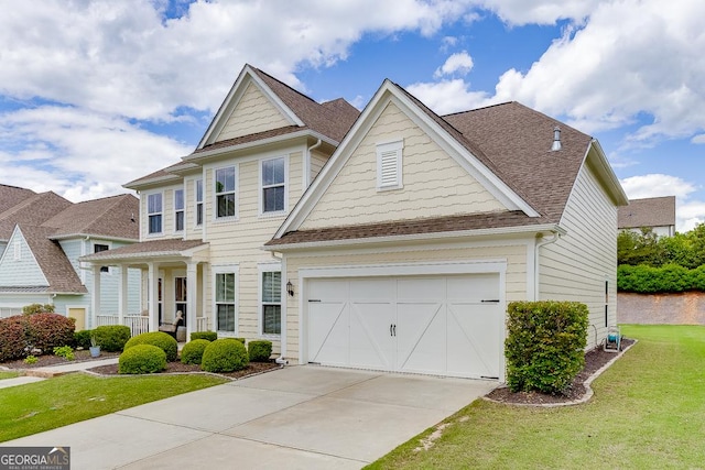 6438 Hickory Branch Dr, Hoschton, GA 30548 - view of front facade featuring driveway, a front lawn, roof with shingles, and an attached garage