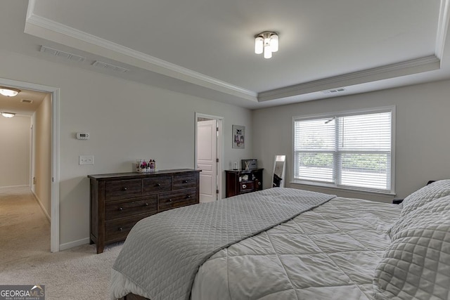 6438 Hickory Branch Dr, Hoschton, GA 30548 - bedroom featuring a raised ceiling, crown molding, and light carpet