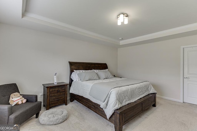 6438 Hickory Branch Dr, Hoschton, GA 30548 - bedroom with crown molding, light carpet, and a tray ceiling