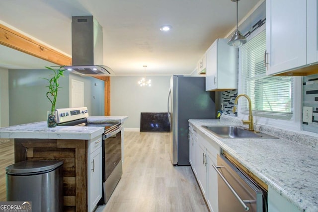 3627 Groovers Lake Rd, Lithia Springs, GA 30122 - kitchen with appliances with stainless steel finishes, island exhaust hood, white cabinets, and recessed lighting