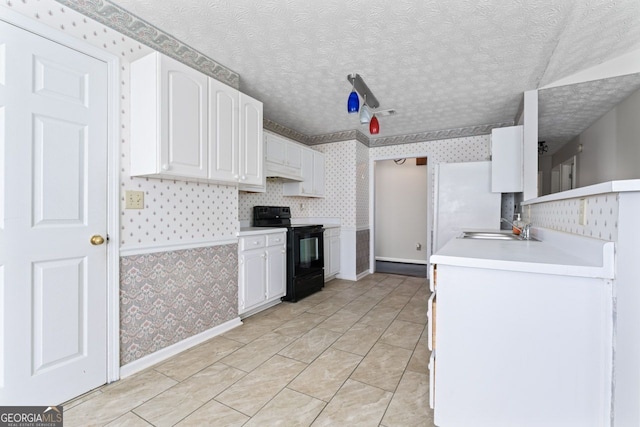 kitchen with wallpapered walls, white cabinetry, black electric range oven, and a sink