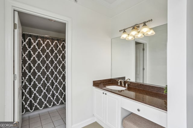 3475 Oak Valley Rd NE Unit 2060, Atlanta, GA 30326 - full bath featuring vanity, a shower with shower curtain, a chandelier, and tile patterned floors