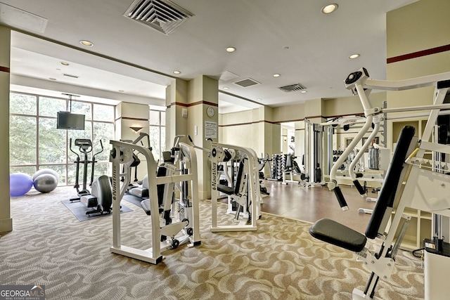 3475 Oak Valley Rd NE Unit 2060, Atlanta, GA 30326 - gym featuring recessed lighting, visible vents, and carpet floors