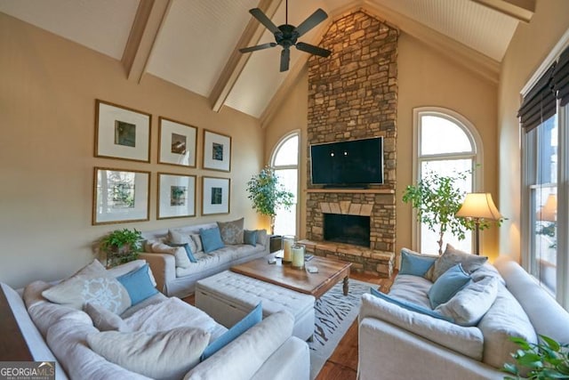 1345 Cashiers Way, Roswell, GA 30075 - living room with beam ceiling, ceiling fan, high vaulted ceiling, wood finished floors, and a fireplace