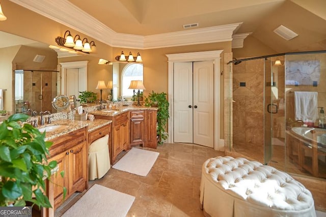 1345 Cashiers Way, Roswell, GA 30075 - bathroom with crown molding, vanity, a stall shower, and tile patterned flooring