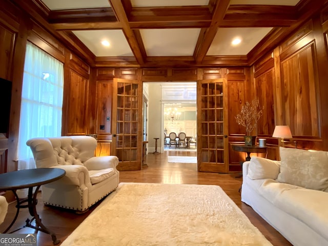 1345 Cashiers Way, Roswell, GA 30075 - living room featuring wooden walls, french doors, beam ceiling, wood finished floors, and coffered ceiling