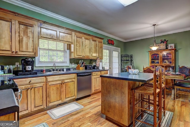 kitchen featuring light wood finished floors, french doors, a sink, dark countertops, and stainless steel dishwasher