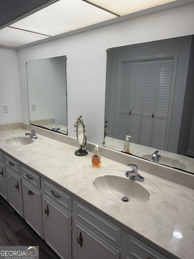 full bathroom with double vanity, wood finished floors, and a sink