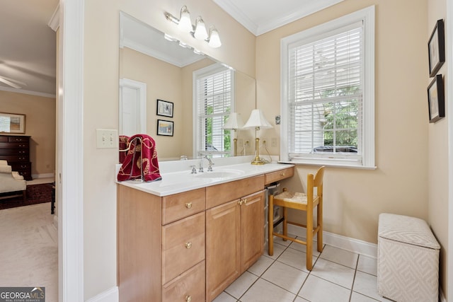 6125 Fouts Mill Rd, Douglasville, GA 30135 - bathroom with baseboards, ornamental molding, tile patterned floors, and vanity