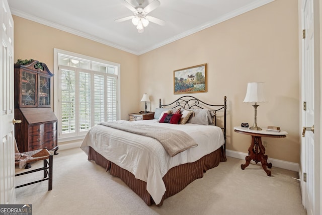 6125 Fouts Mill Rd, Douglasville, GA 30135 - bedroom featuring baseboards, ornamental molding, ceiling fan, and light colored carpet