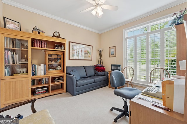 6125 Fouts Mill Rd, Douglasville, GA 30135 - office area featuring ornamental molding, carpet, and a ceiling fan
